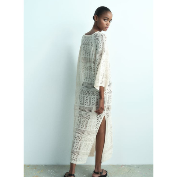 ZARA Crochet Maxi Dress Sheer Open Knit Long Sleeve Beach Cover Up Dress, Cream - Picture 5 of 14